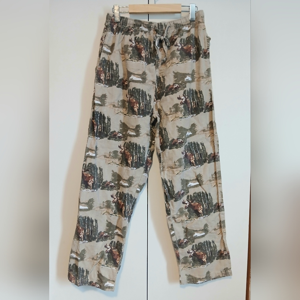 Vintage Nunavut Men’s Cotton Fleece Moose Print Pajama Pants Medium Cabincore